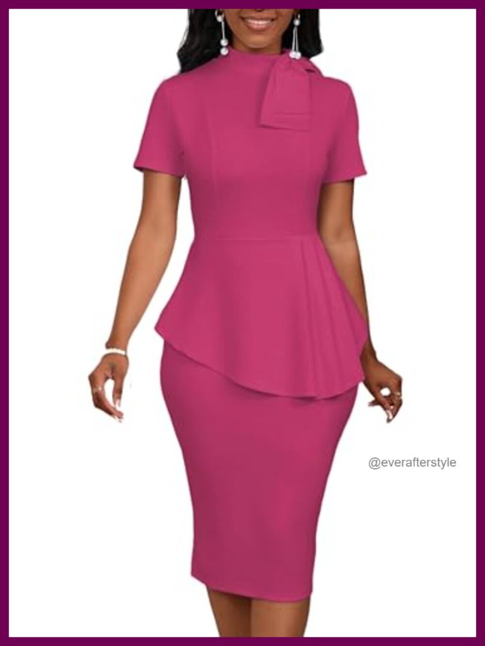 Peplum Bodycon Midi Dress Bow Tie Neck Short Sleeve Work